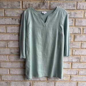 J. Jill Love Linen 3/4 Sleeve Split Neck 100% Linen Sage Green Blouse Size S